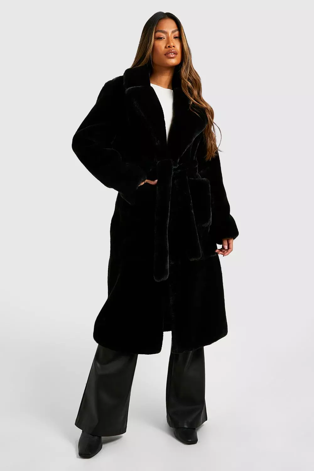 Belted velvet faux fur coat best sale