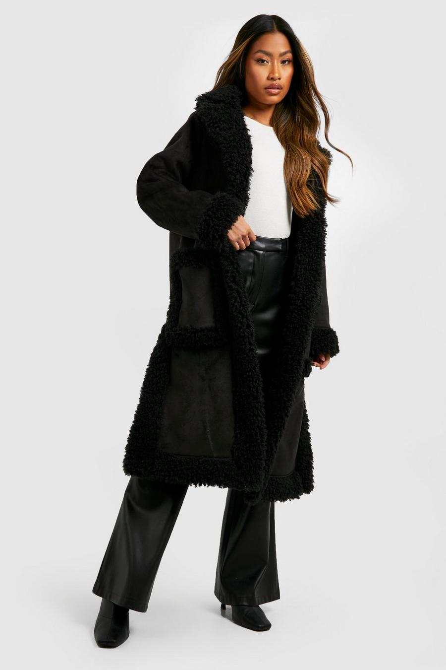 Black Faux Fur Trim Suedette Coat
