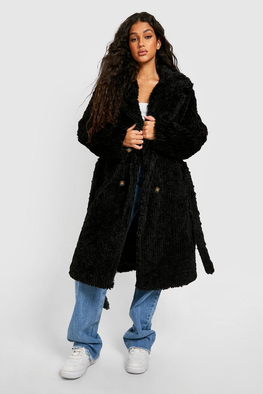 Black Textured Faux Fur Belted Coat 