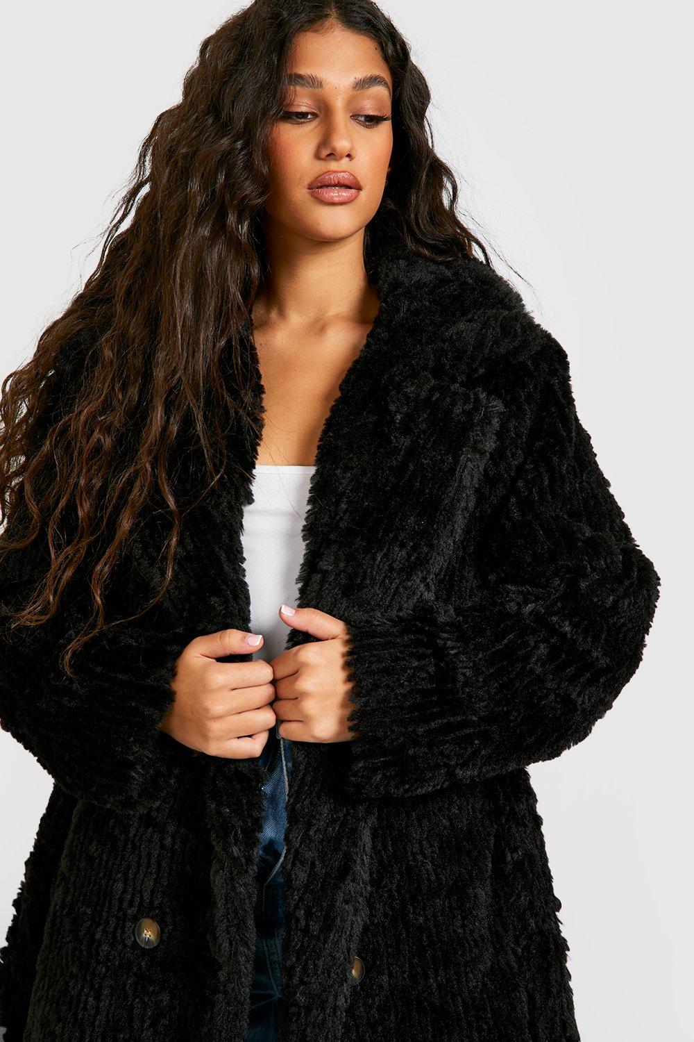 Textured Belted Faux Fur Coat