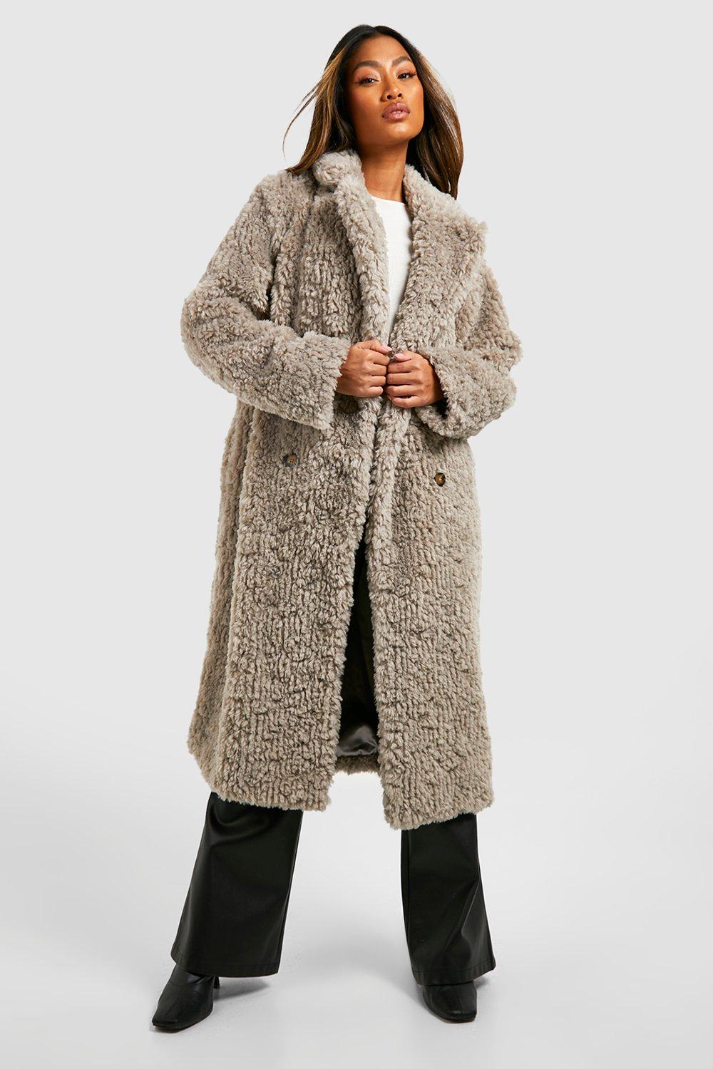 Textured Faux Fur Double Breasted Coat