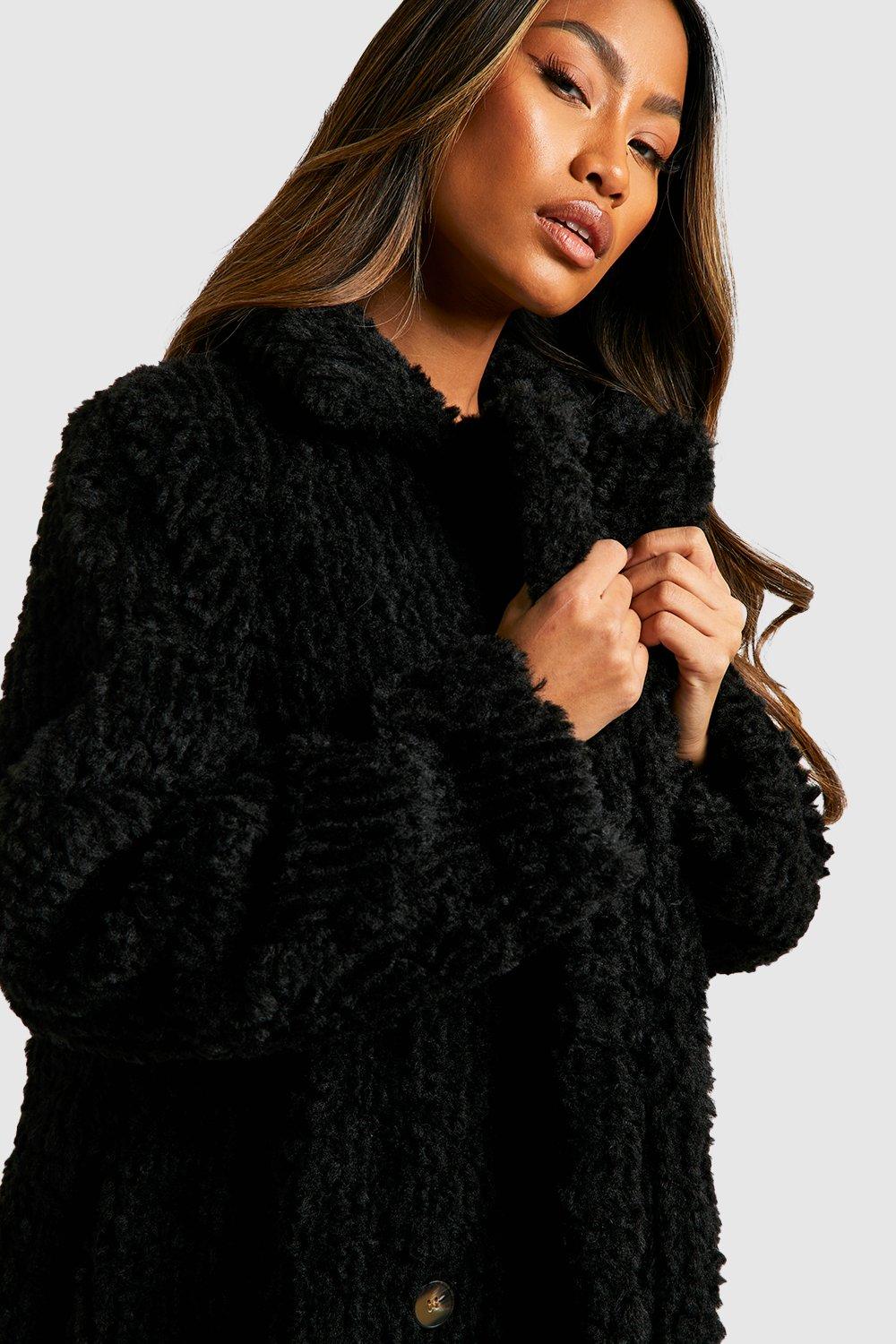 Black textured 2025 faux fur coat