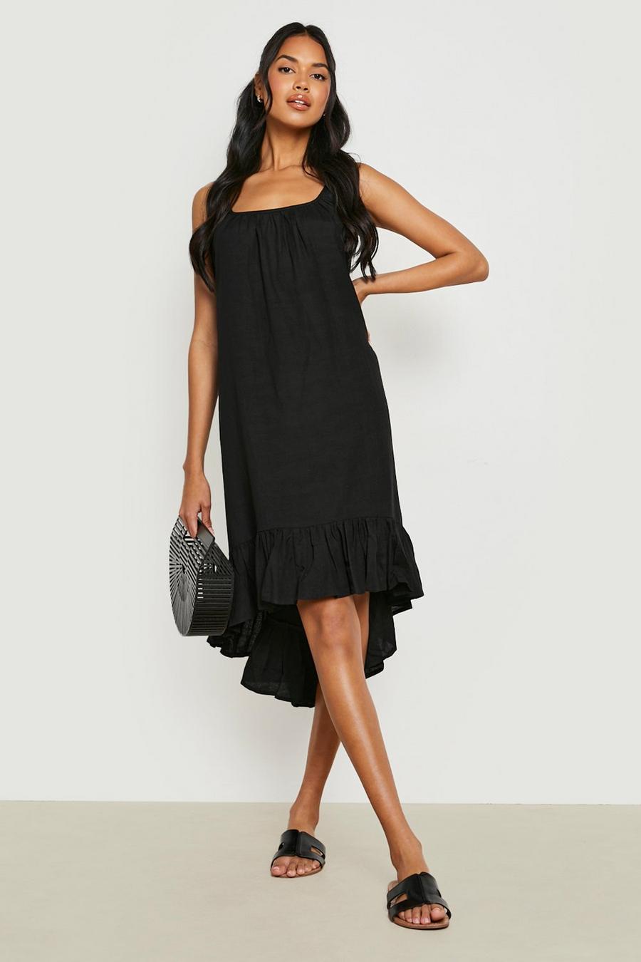 Black Linen Strappy Drop Hem Midi Dress image number 1