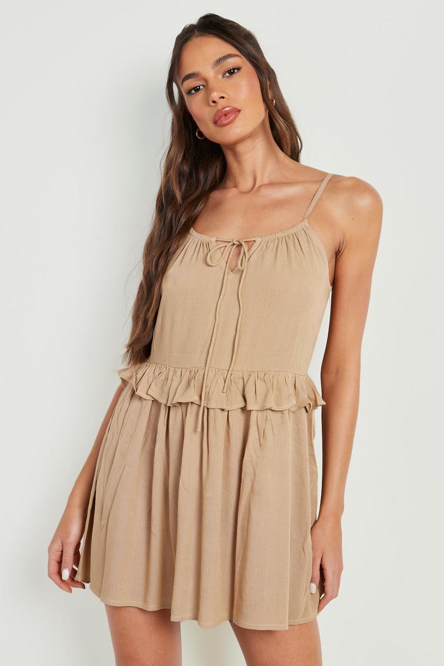 Stone beige Cheesecloth Strappy Frill Smock Dress