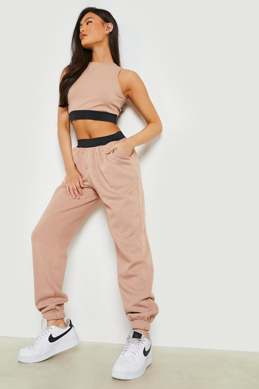 Taupe Tape Detail Racer Crop Top And Jogger Set  image number 1
