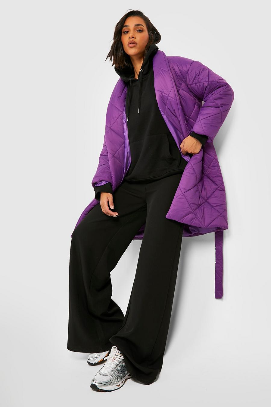 Violet purple Diamond Quilted Belted Duvet Puffer Jacket