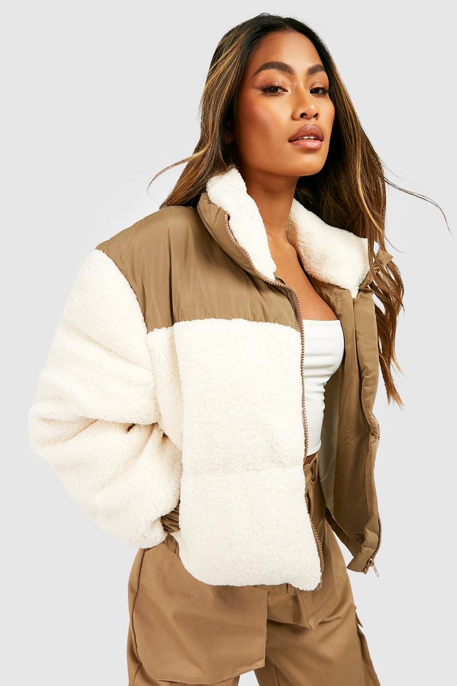 Cream Teddy Faux Fur Paneled Puffer Jacket image number 1