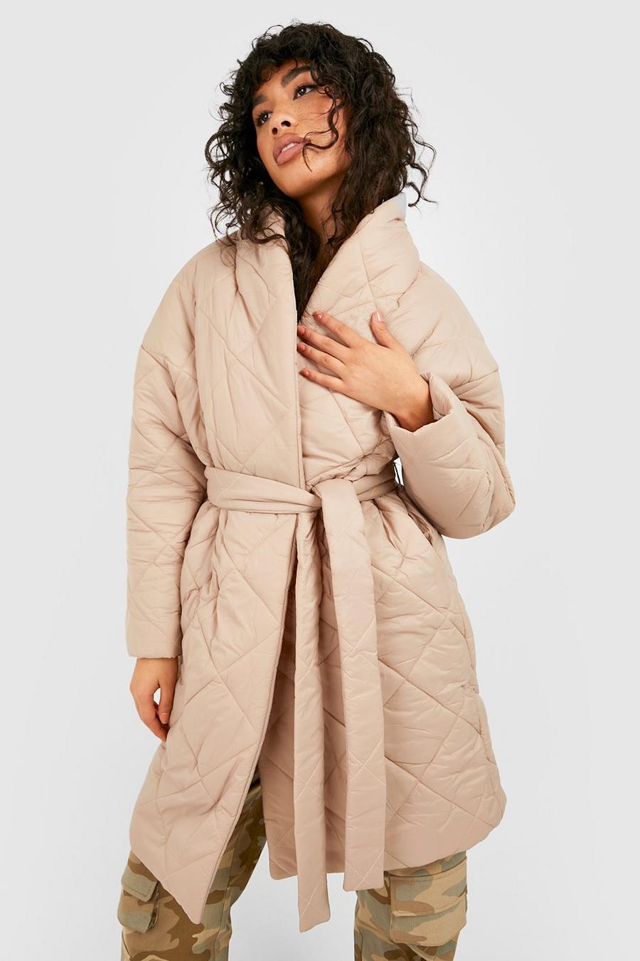Stone beige Diamond Quilted Belted Duvet Puffer Jacket