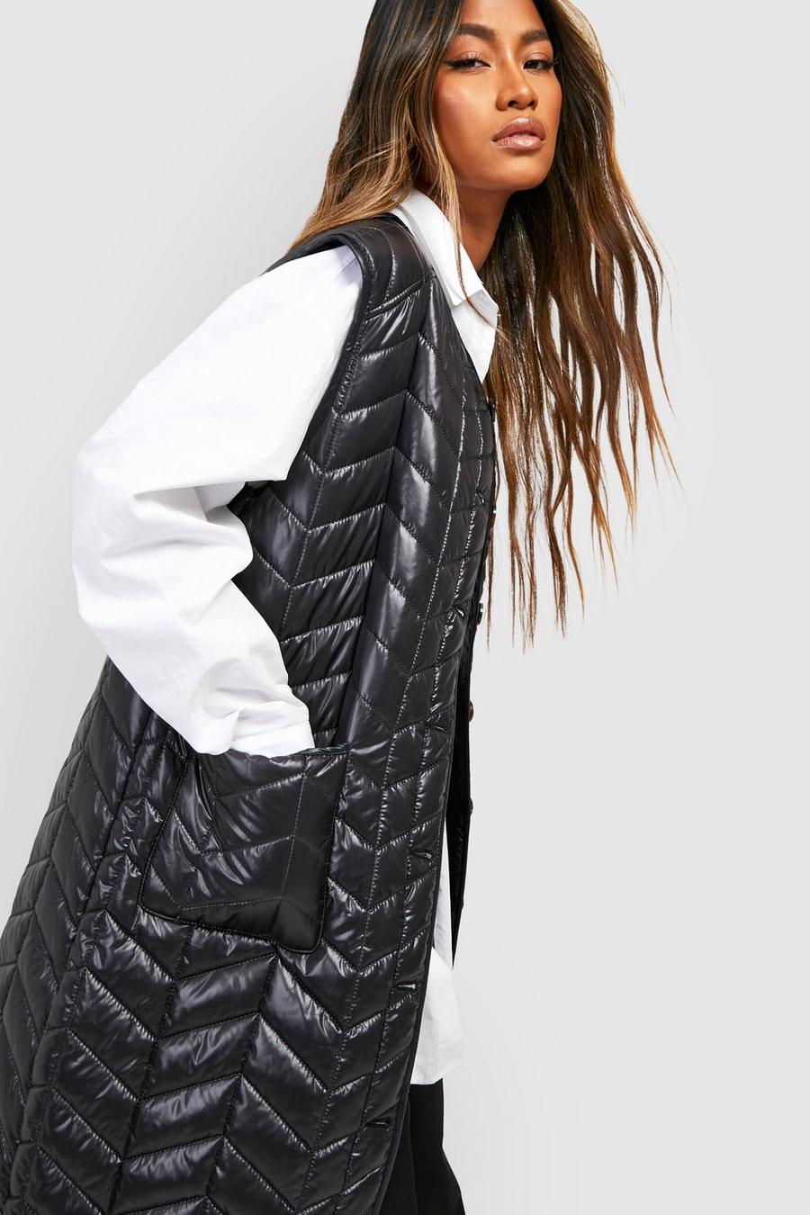 Black Quilt Detail Longline Vest image number 1