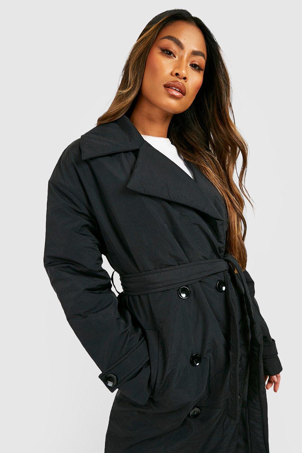 Blue Shoulder Padded Belted Pu Trench Coat