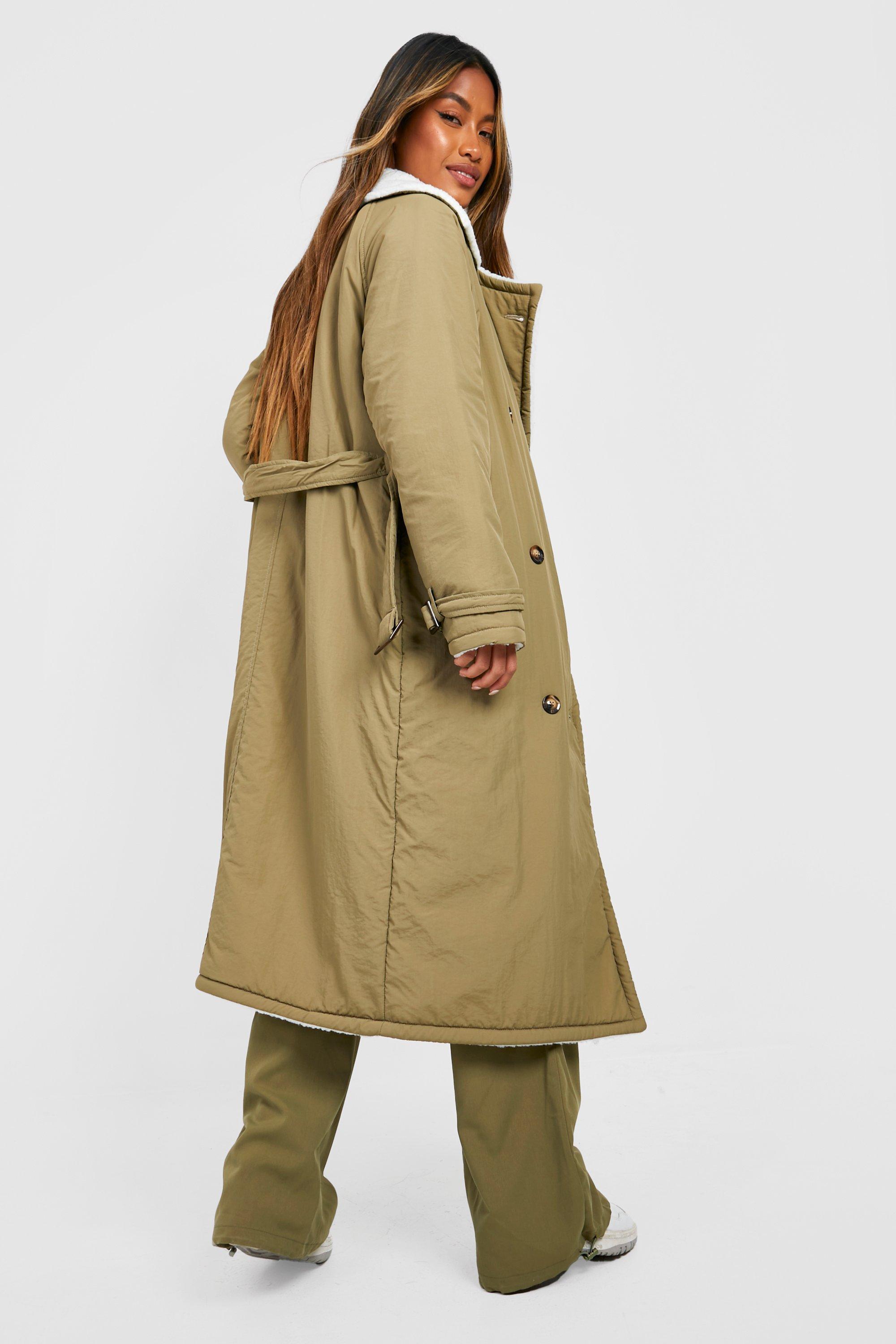 boohoo Borg Lined Padded Trench Coat Green Size 4