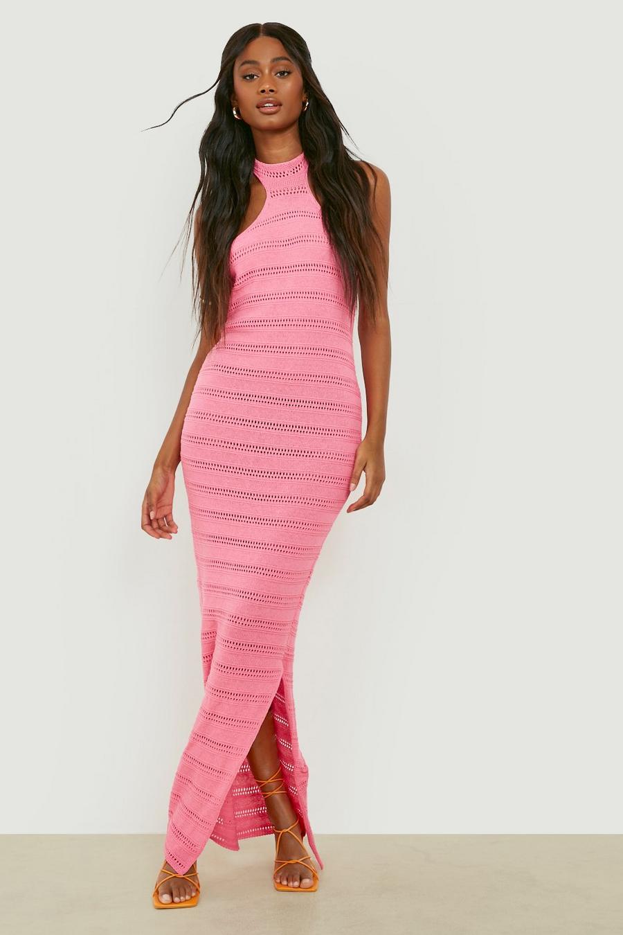 Pink Halter Crochet Knitted Maxi Dress image number 1