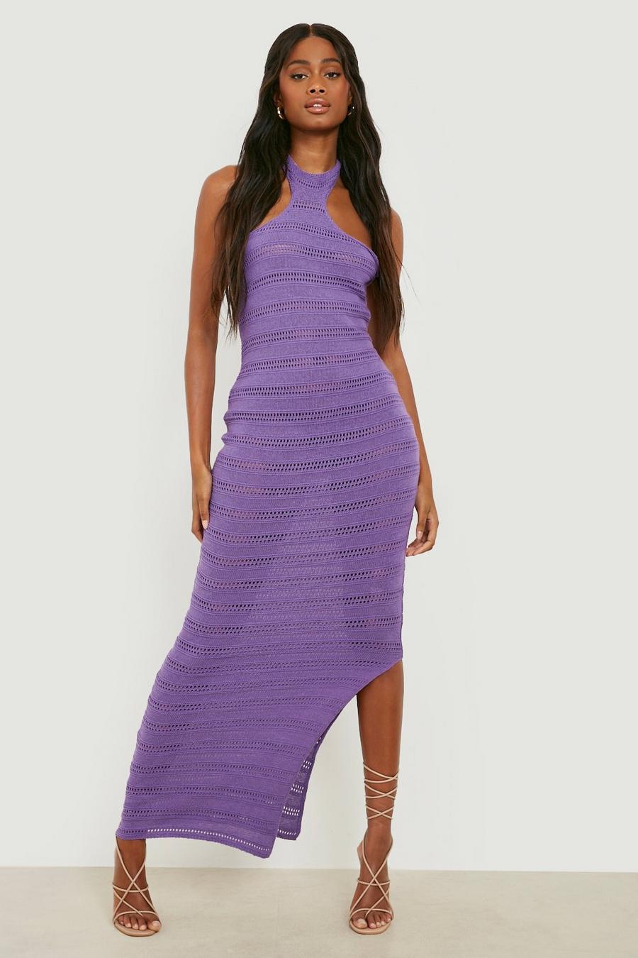 Purple lila Halterneck Crochet Knitted Maxi Dress