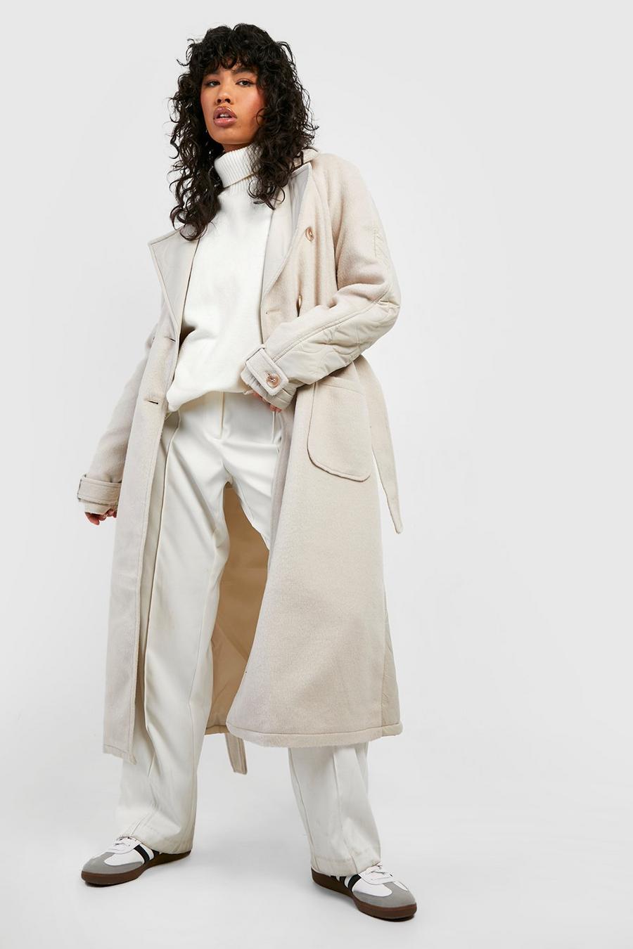 Stone beige Quilt Detail Wool Look Trench Coat