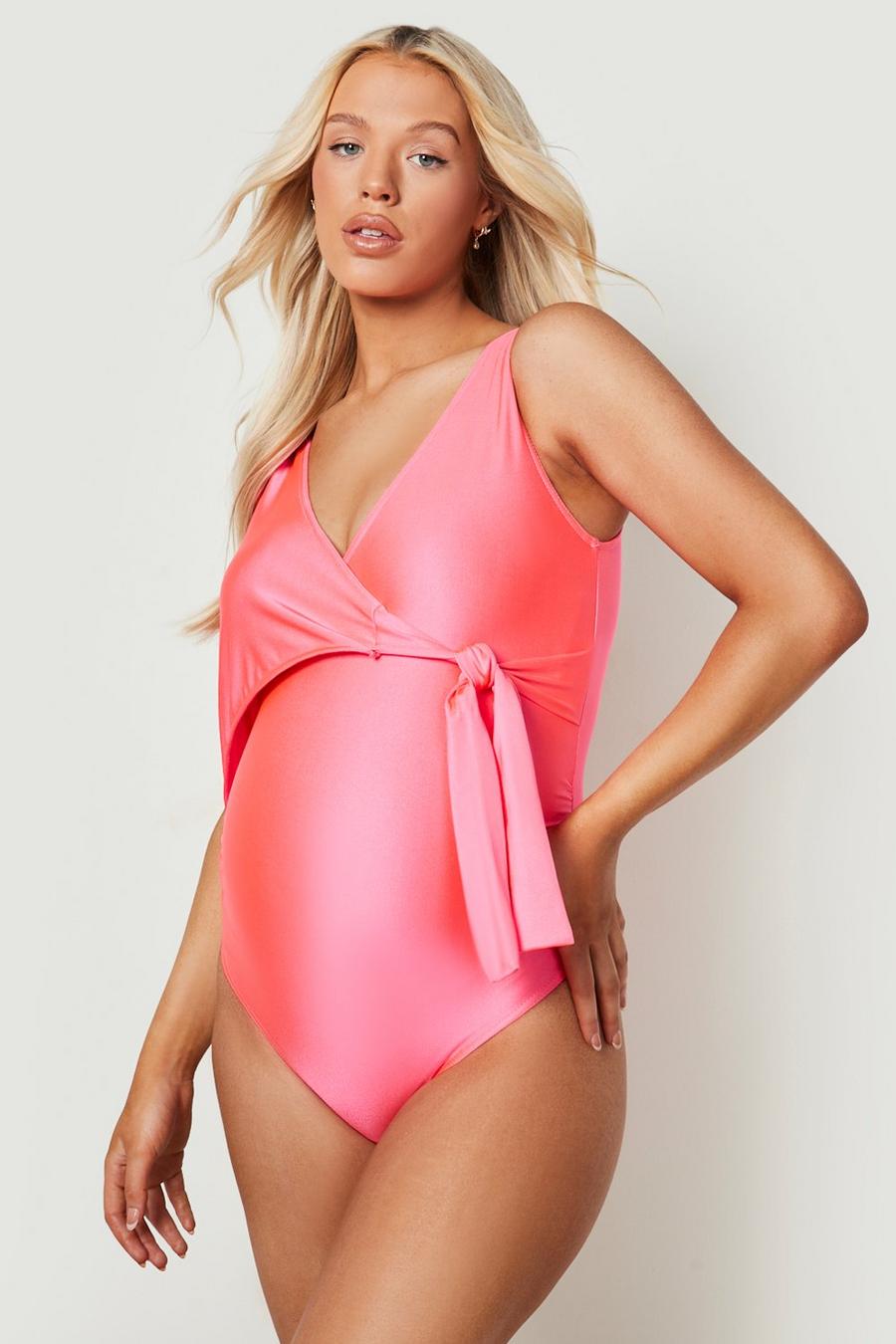 Pink Maternity Tie Waist Wrap Swimsuit image number 1