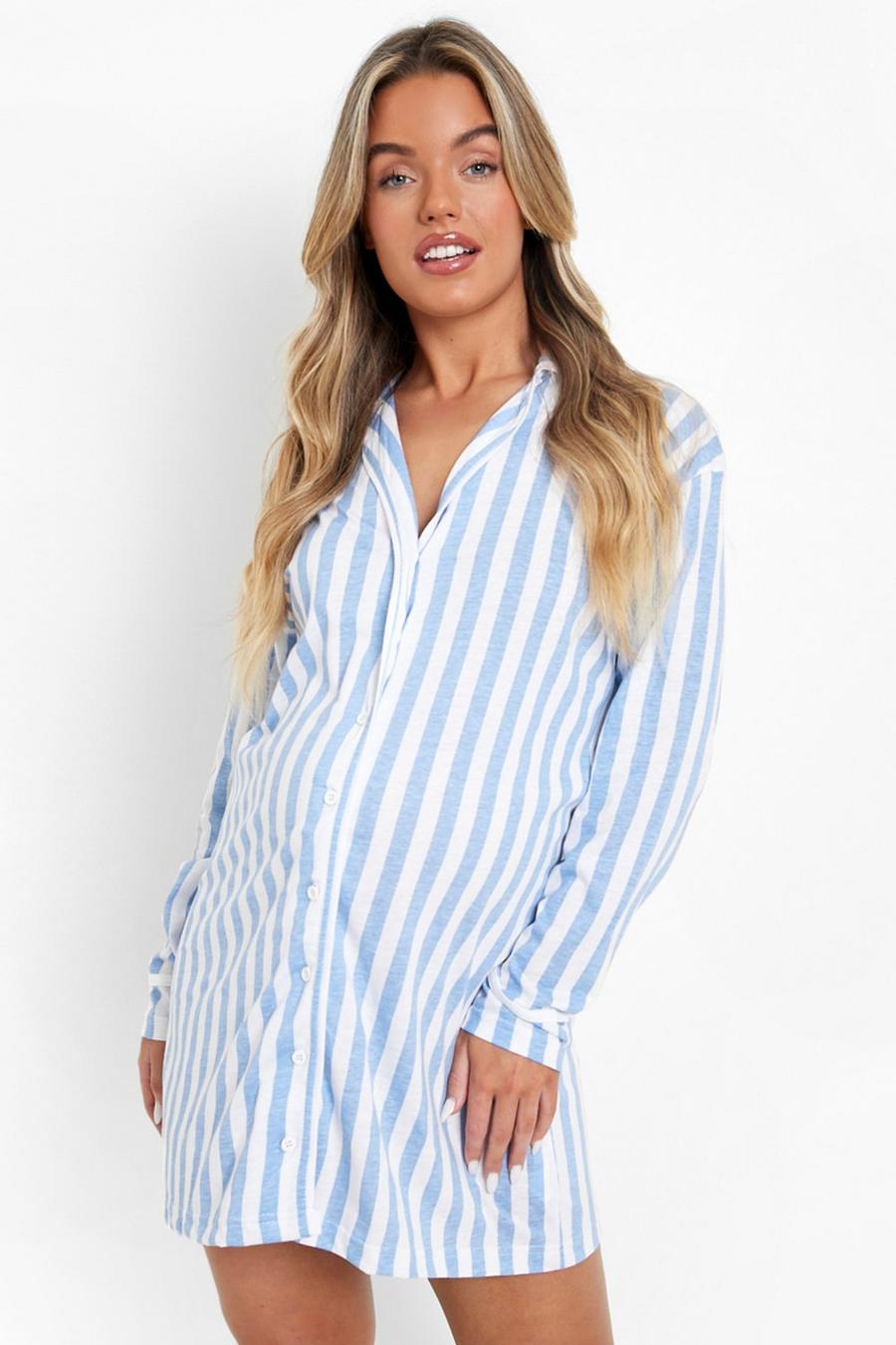 Blue Maternity Stripe Pipe Detail Sleep Shirt