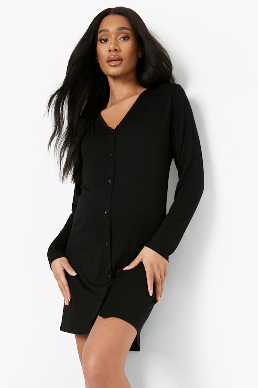Black Maternity V Neck Button Front Nightgown image number 1