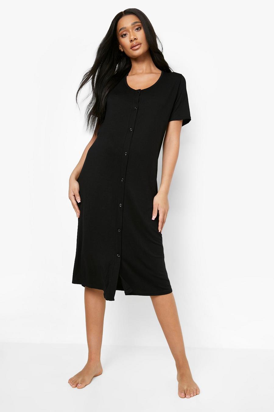 Black Maternity Midi Button Front Nightgown image number 1