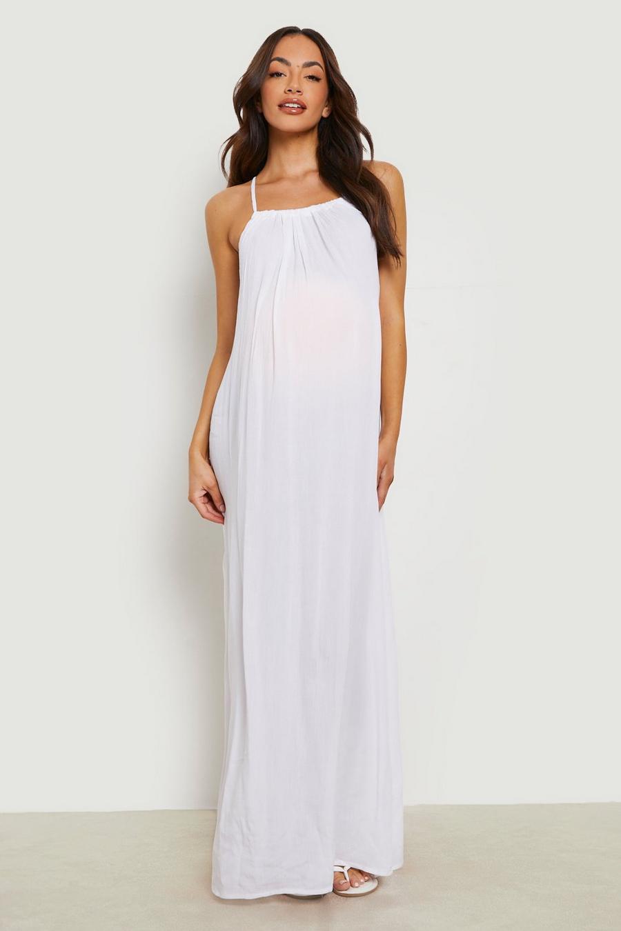 White Maternity Cheesecloth Strappy Beach Dress