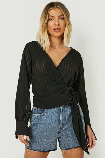 Sheer Stripe Wrap Woven Blouse black