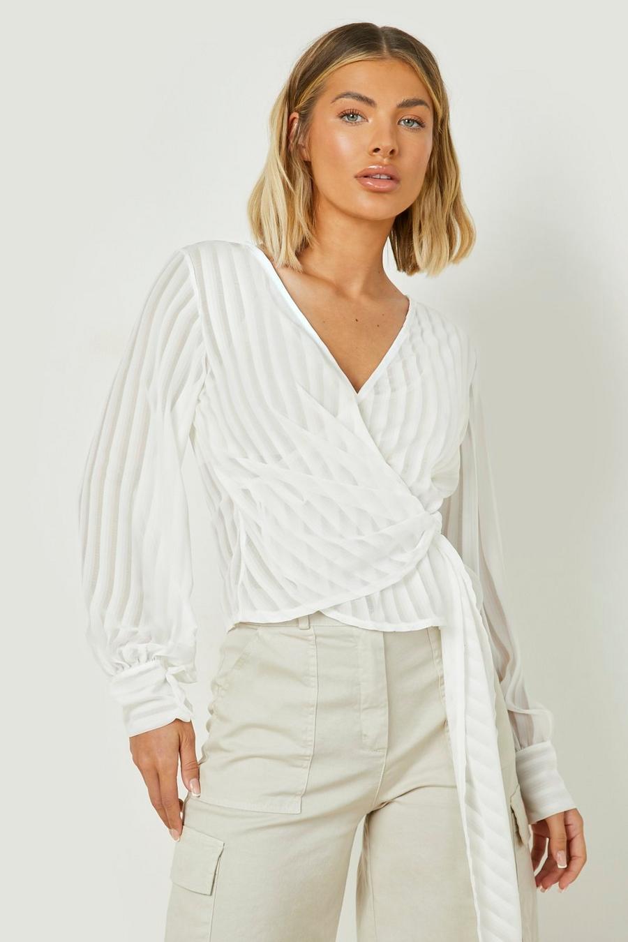 White Sheer Stripe Wrap Woven Blouse image number 1