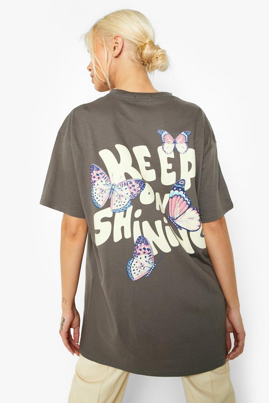 Charcoal gris Butterfly Printed Oversized T-shirt