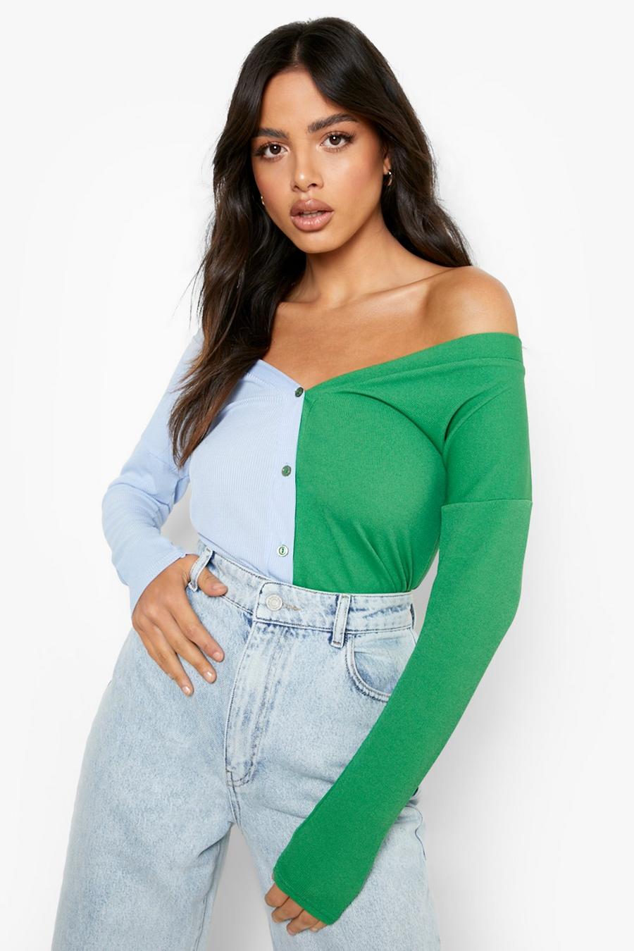 Blue Off The Shoulder Button Front Rib Top image number 1
