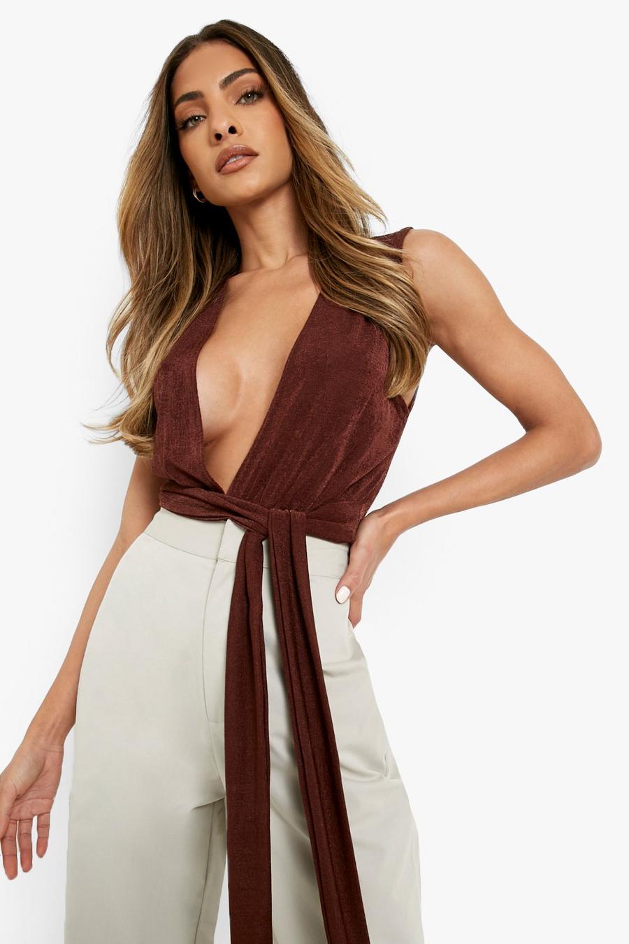 Chocolate brown Sleeveless Plunge Tie Waist Slinky Bodysuit 