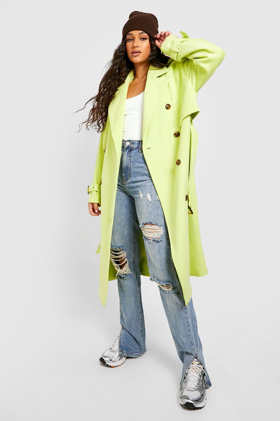 Chartreuse Cord Textured Wool Look Trench image number 1