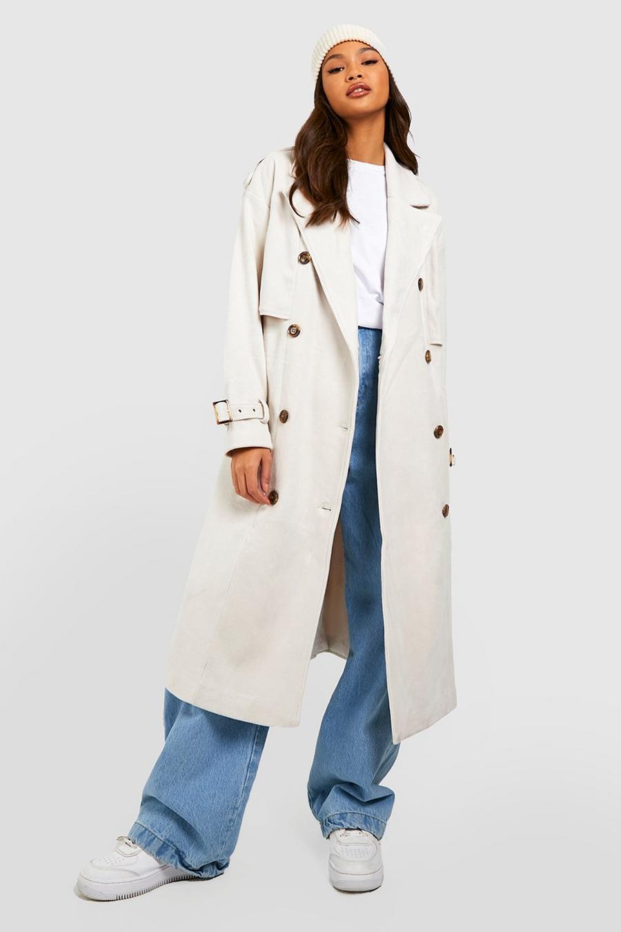 Ecru white Cord Textured Wool Look Trench