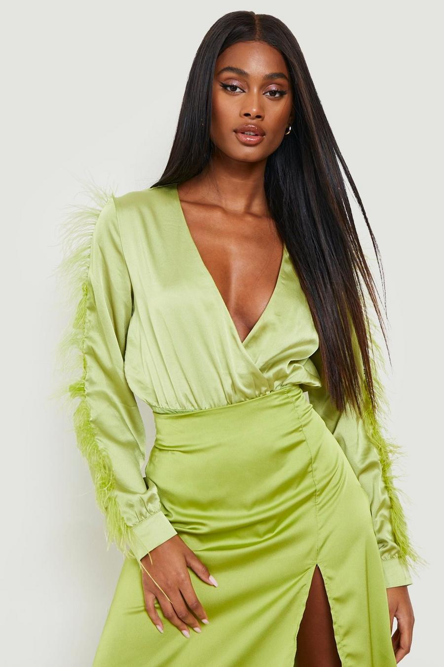 Chartreuse Feather Trim Detail Bodysuit  image number 1