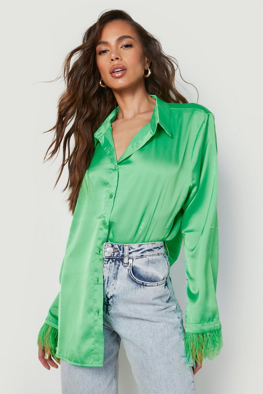 Green Feather Cuff Detail Satin Shirt  image number 1