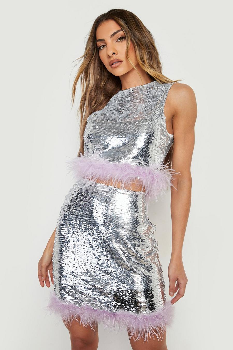 Silver Sequin And Feather Detail Top image number 1