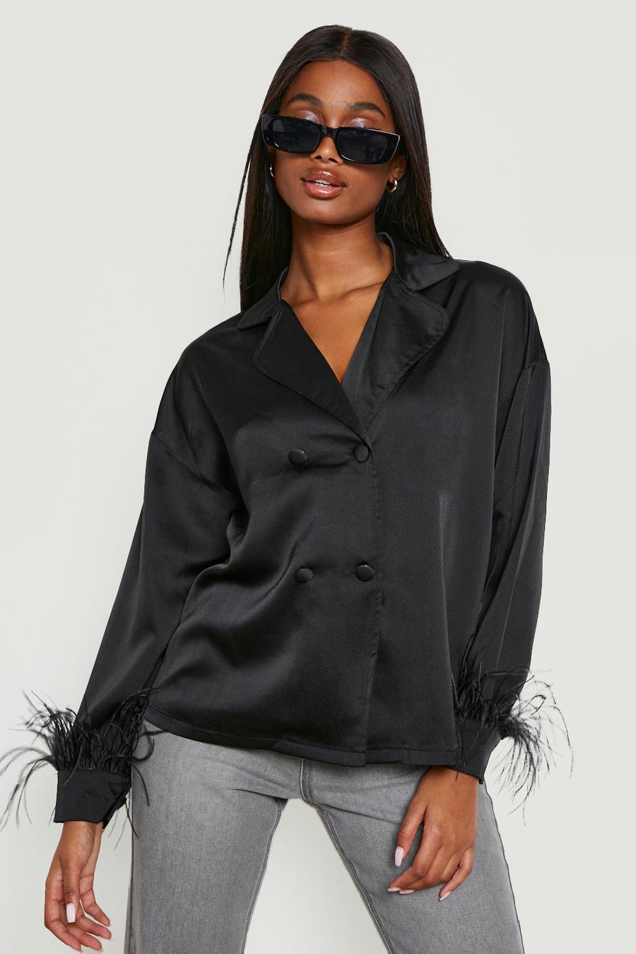 Black Double Breasted Satin Feather Detail Blouse  image number 1