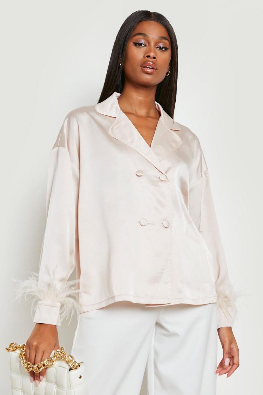 Champagne beige Double Breasted Satin Feather Detail Blouse 