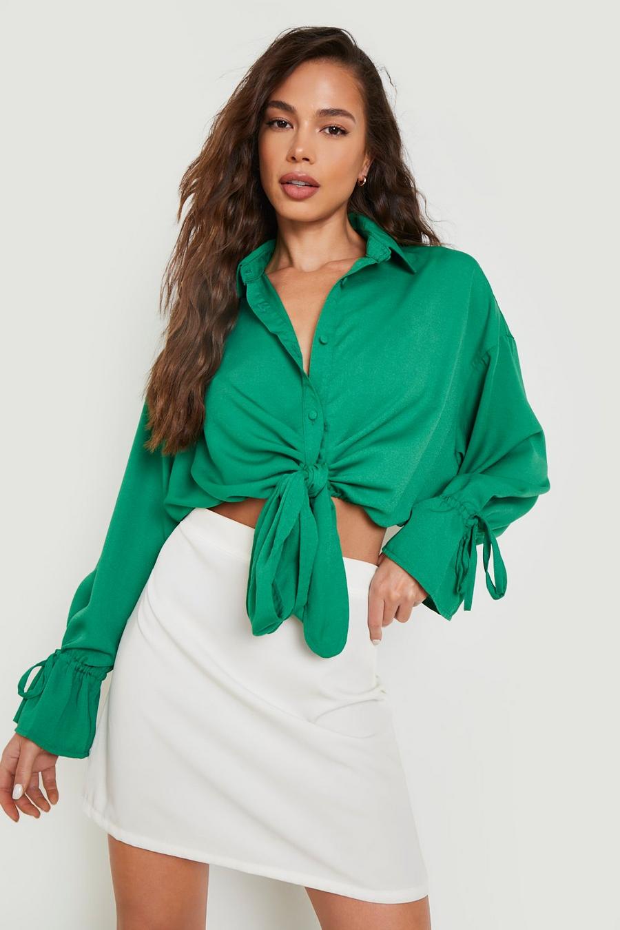 Women's Green Oversized Tie Front Shirt | Boohoo UK