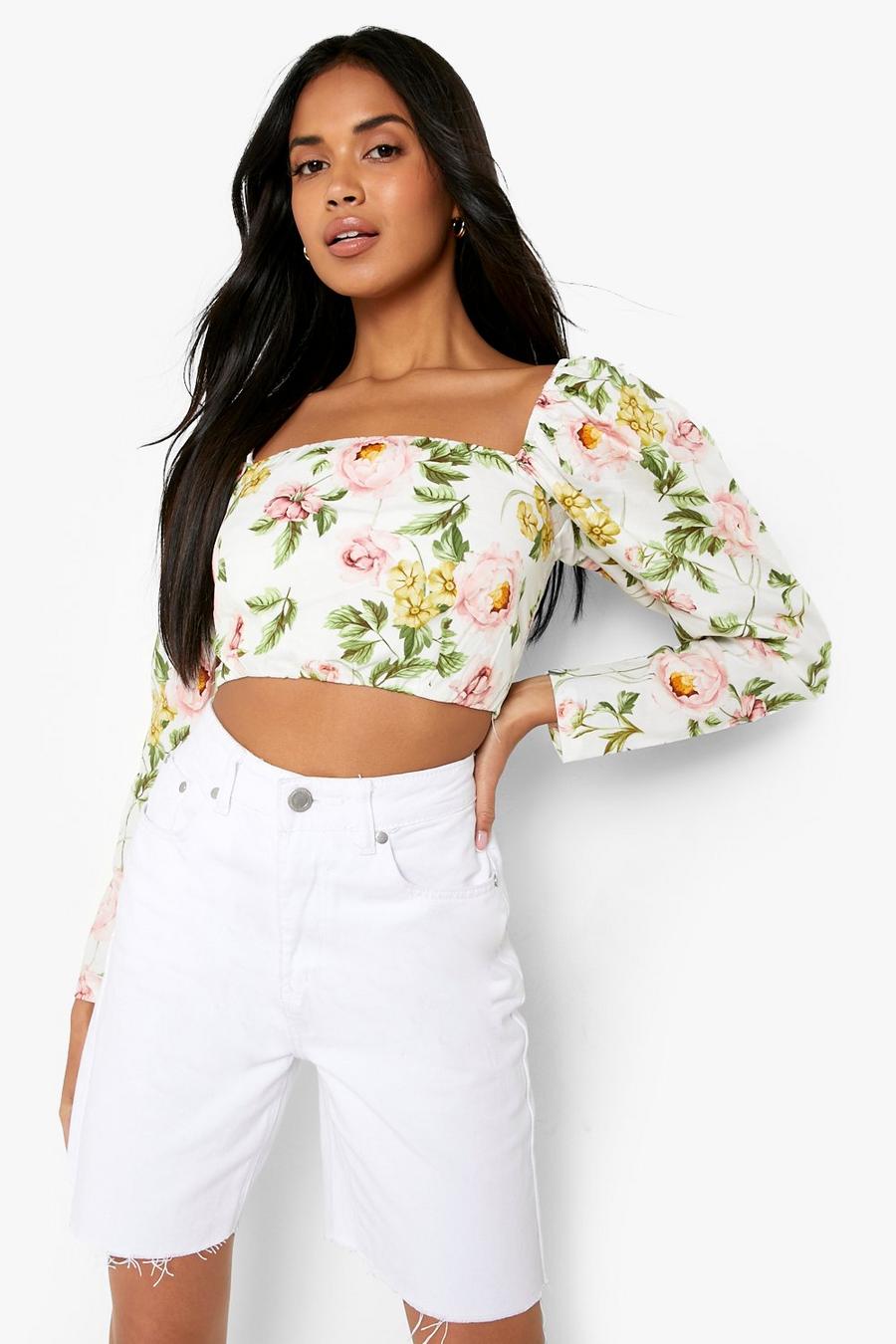 Ivory Volume Sleeve Floral Poplin Crop Top  image number 1