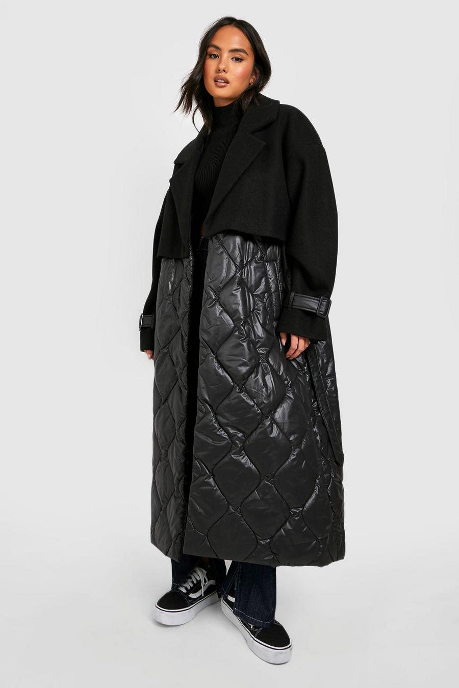Black Quilted Wool Look Padded Trench Coat image number 1