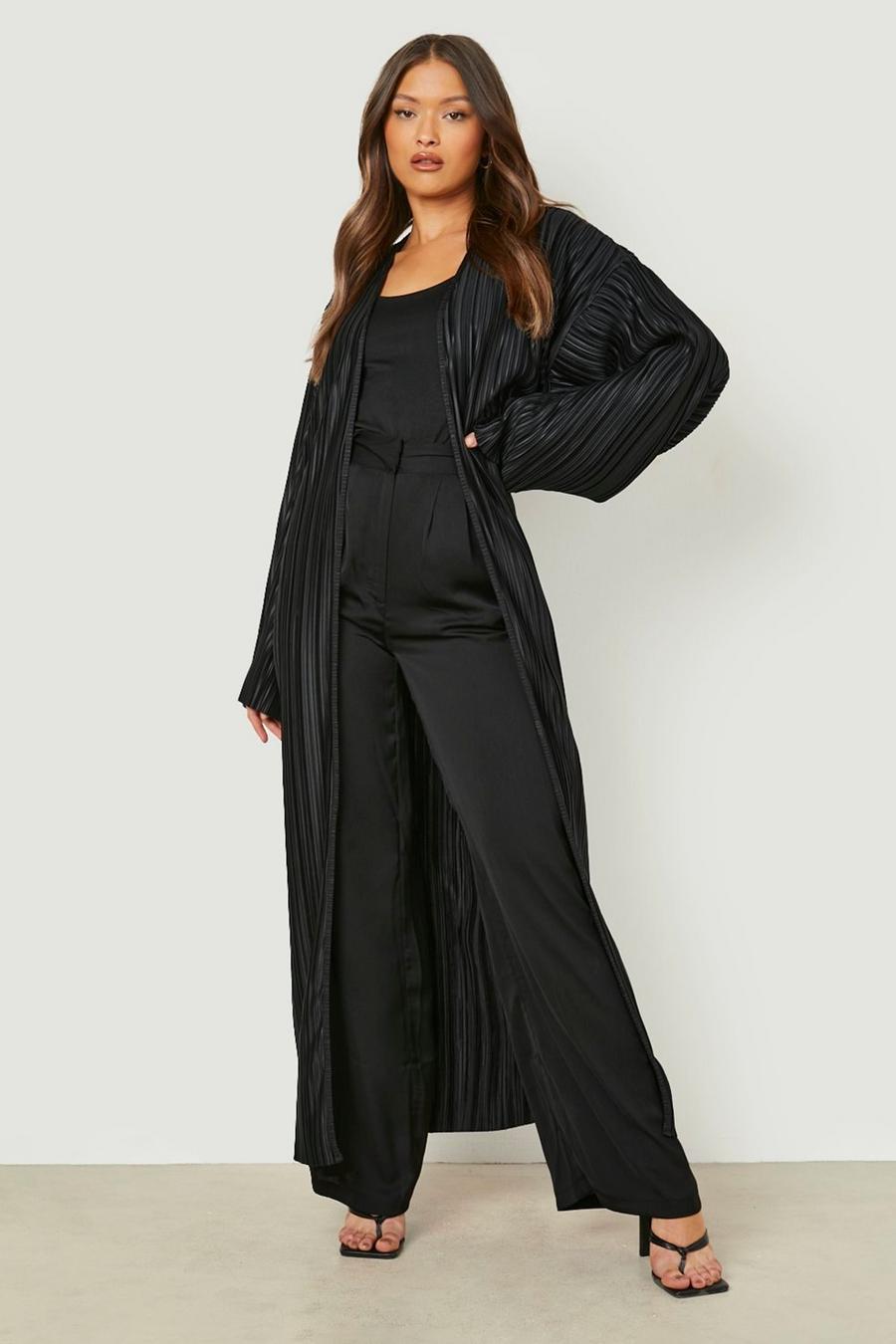 Black Plisse Wide Sleeve Maxi Kimono
