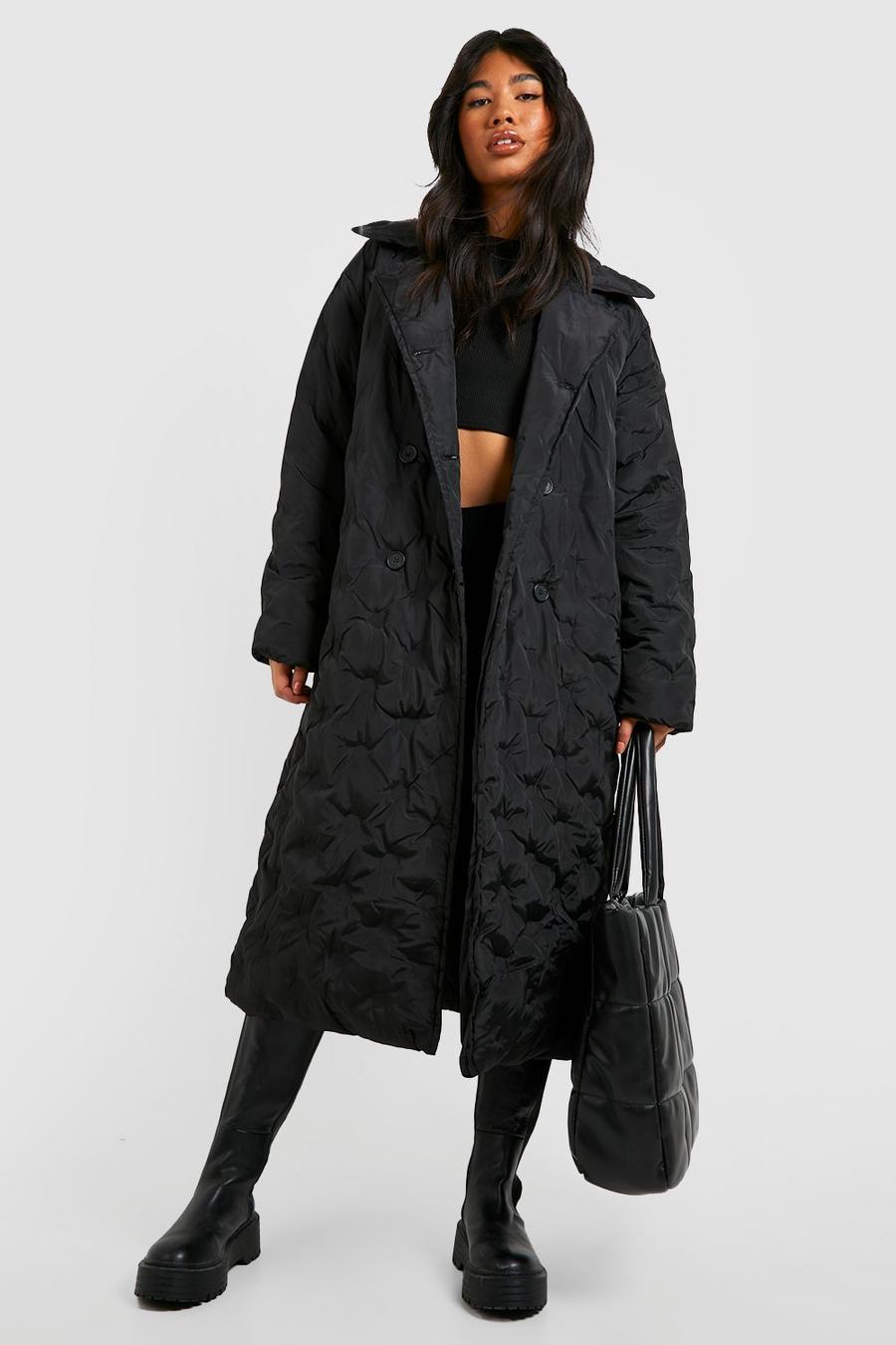 Black nero Quilt Detail Longline Puffer Coat 