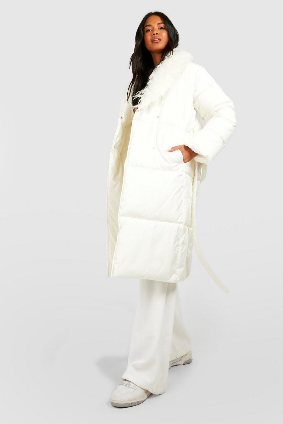 Ivory Shaggy Faux Fur Collar Puffer  image number 1
