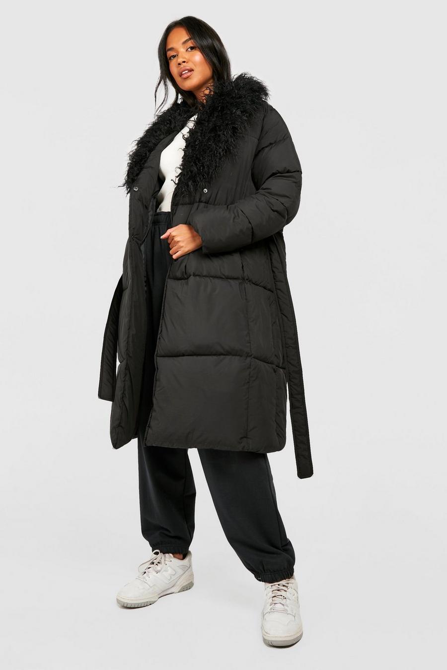 Black Shaggy Faux Fur Collar Puffer  image number 1