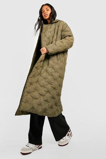 Quilt Detail Longline Puffer Coat khaki