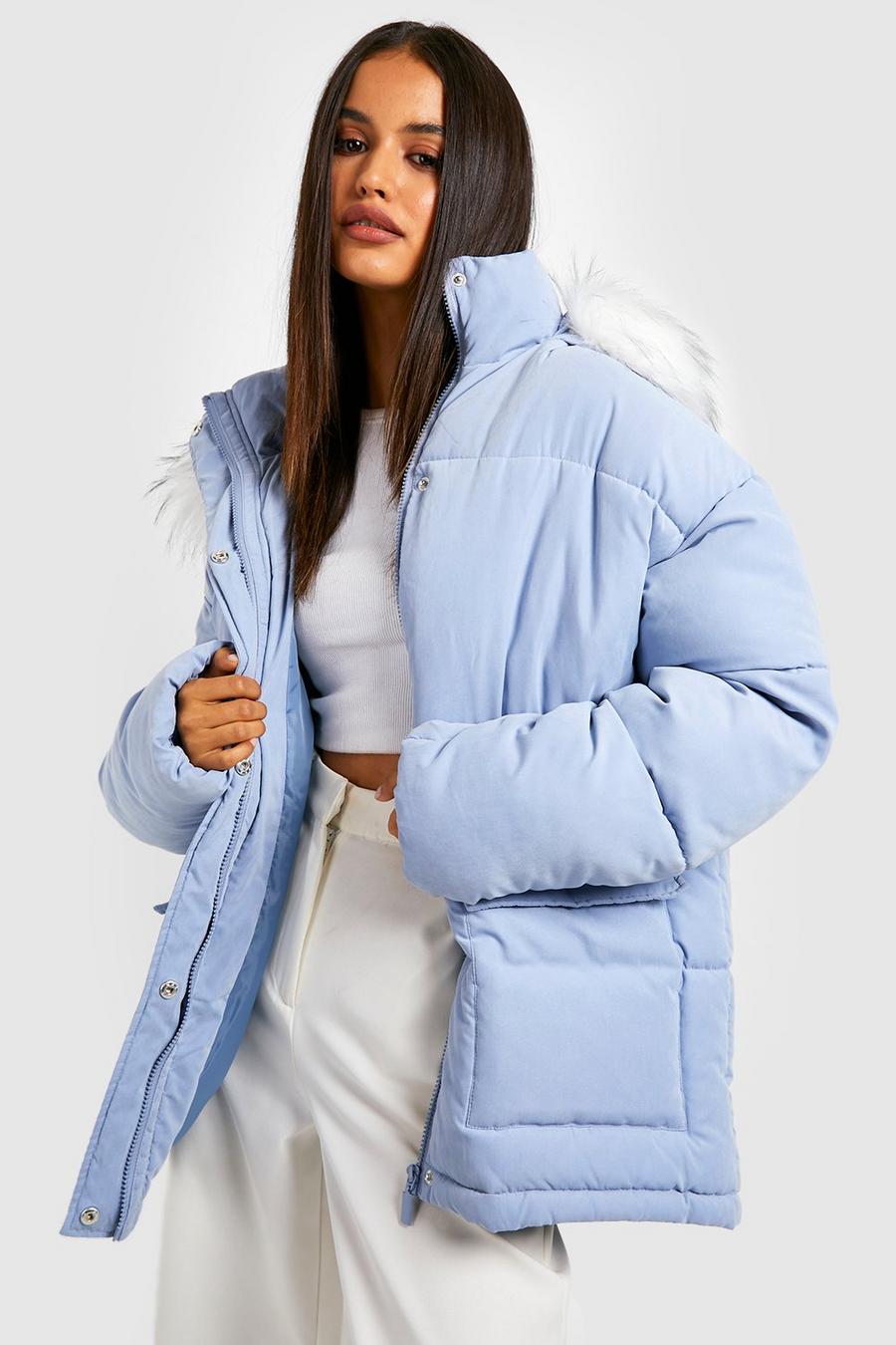 Blue blau Faux Fur Trim Puffer Jacket 