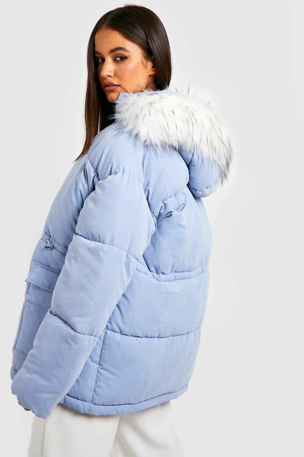 Light blue puffer jacket with hot sale fur hood