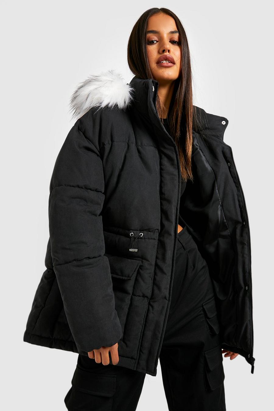 Black Faux Fur Trim Puffer Jacket image number 1