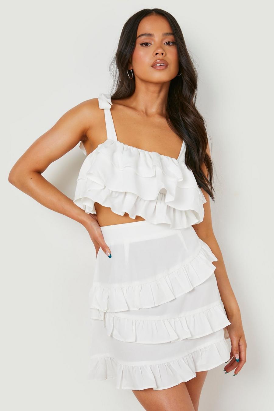 Ivory white Petite Ruffle Top And Mini Skirt 