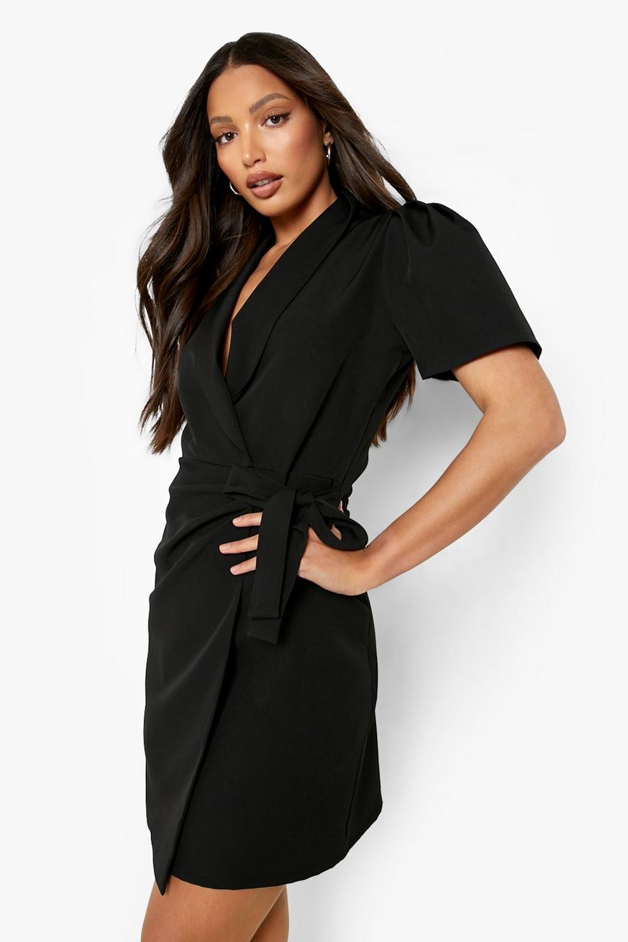 Black Tall Short Sleeve Wrap Over Blazer Dress image number 1
