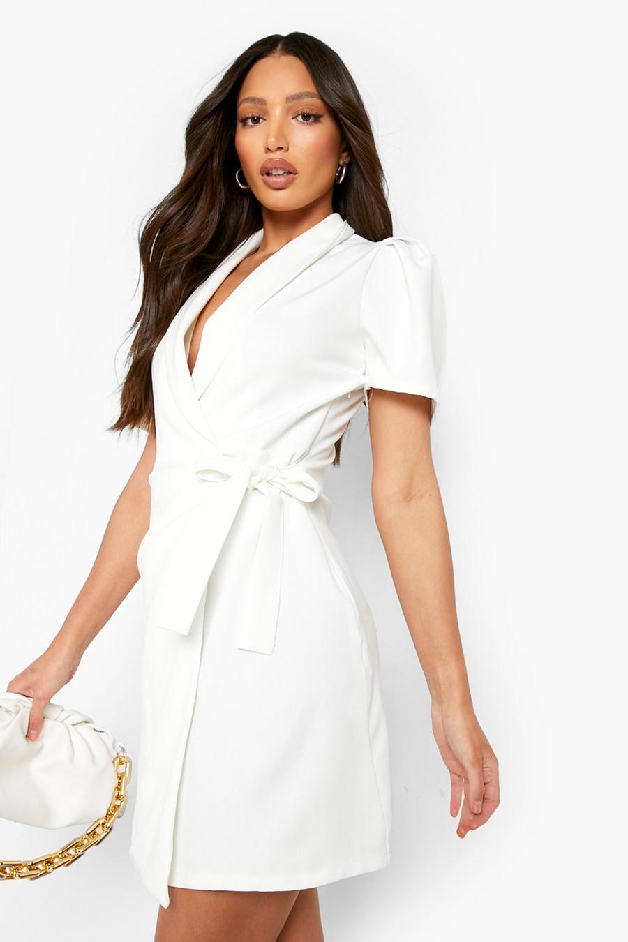 White Tall Short Sleeve Wrap Over Blazer Dress image number 1