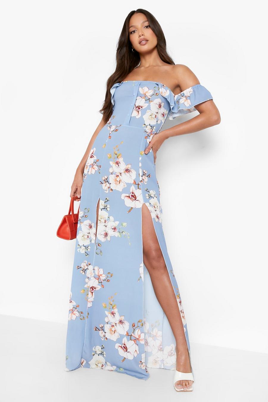 Blue Tall Floral Slit Off The Shoulder Maxi Dress image number 1